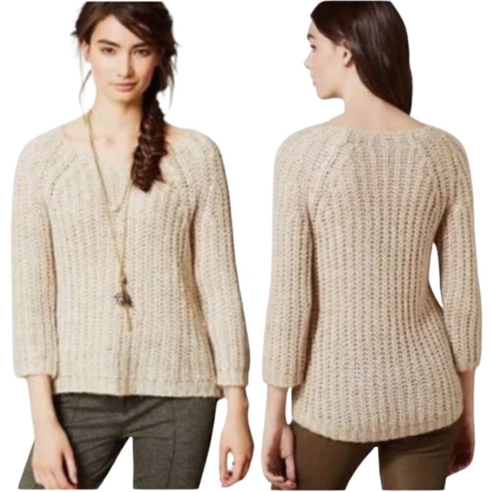 Anthropologie Knitted & Knotted Gold Sequin Chunky Knit Sweater Women's XS Ivory